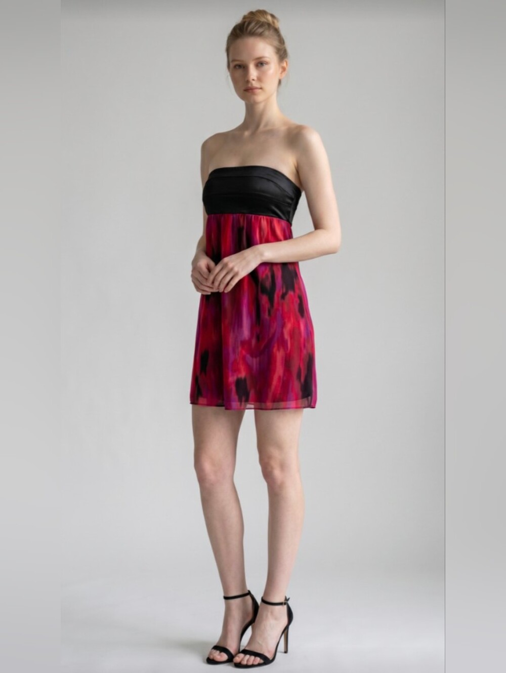 BEBE! 2B! BLACK SATIN BODICE, RED, PURPLE & BLACK ABSTRACT CHIFFON DRESS! SZ S